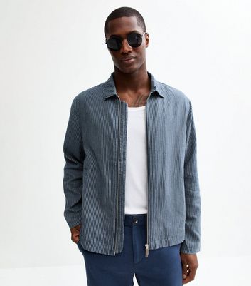Blue Stripe Regular Linen Blend Zip Up Overshirt 5 Blue Stripe Regular Linen Blend Zip Up Overshirt