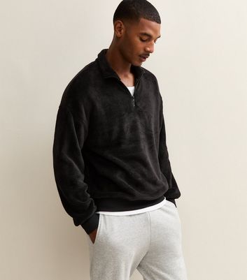 Black Regular Fit Quarter Zip Fluffy Funnel Neck Sweatshirt