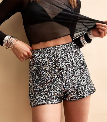 Silver Sequin Mini Shorts