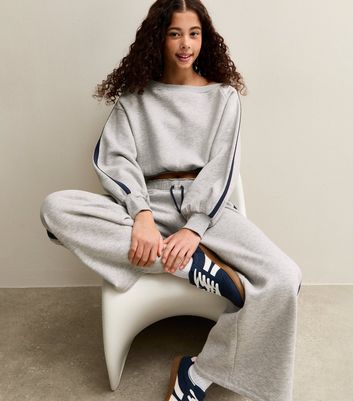 Girls Grey Contrast Trim Super Wide Leg Joggers 4 Girls Grey Contrast Trim Super Wide Leg Joggers