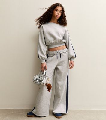 Girls Grey Contrast Trim Super Wide Leg Joggers 5 Girls Grey Contrast Trim Super Wide Leg Joggers