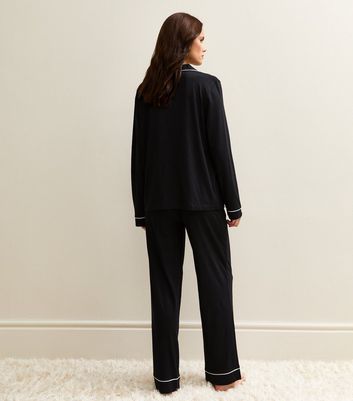 Black Contrast Trim Revere Collar Pyjama Set