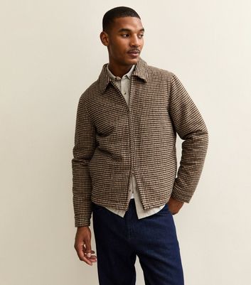 Brown Relaxed Quilted Checked Zip Up Jacket
