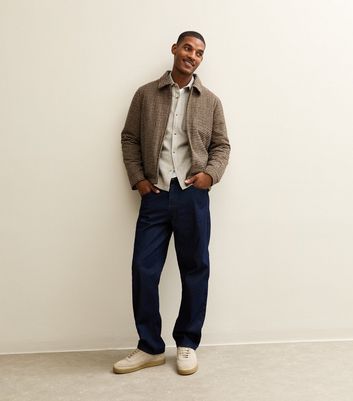 Brown Relaxed Quilted Checked Zip Up Jacket