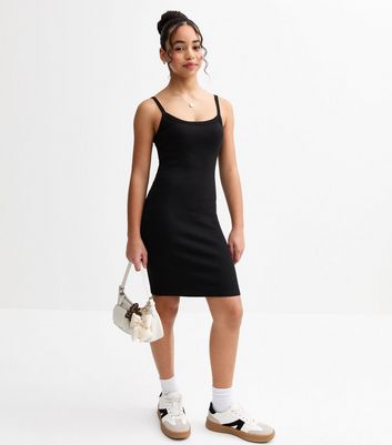 Girls Black Ribbed Strappy Dress