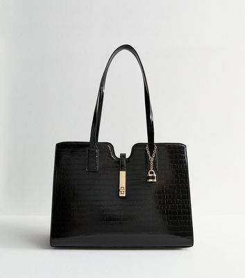 Black Croc Effect Leather-Look Tote Bag