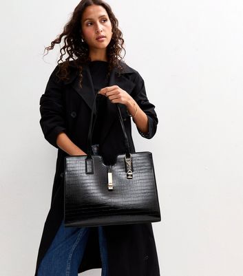 Black Croc Effect Leather-Look Tote Bag