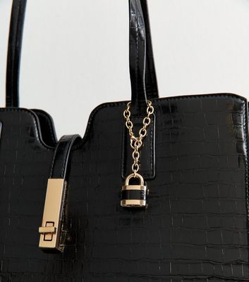 Black Croc Effect Leather-Look Tote Bag