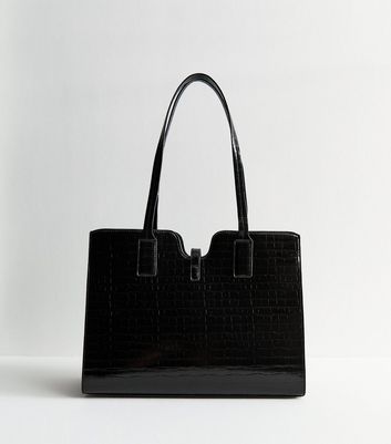 Black Croc Effect Leather-Look Tote Bag
