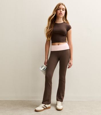 Girls Dark Brown Contrast Waistband Flared Leggings