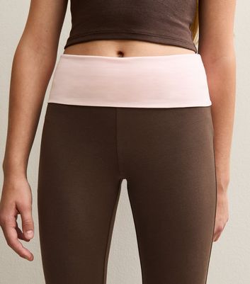 Girls Dark Brown Contrast Waistband Flared Leggings