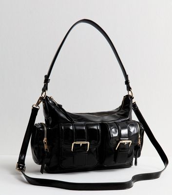 Black Faux Leather Buckled Pocket Shoulder Bag