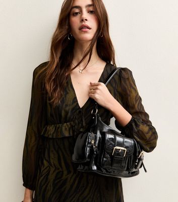 Black Faux Leather Buckled Pocket Shoulder Bag