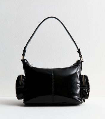 Black Faux Leather Buckled Pocket Shoulder Bag 3 Black Faux Leather Buckled Pocket Shoulder Bag
