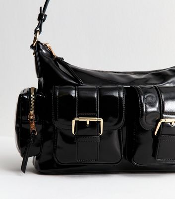 Black Faux Leather Buckled Pocket Shoulder Bag 4 Black Faux Leather Buckled Pocket Shoulder Bag
