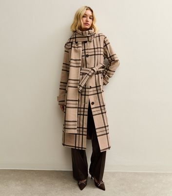 Beige Checked Collared Jacket and Matching Scarf