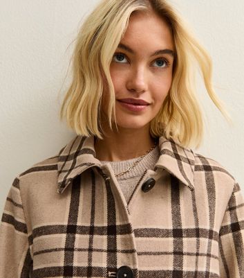 Beige Checked Collared Jacket and Matching Scarf