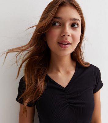 Girls Black Ribbed V Neck Ruched Sports Top