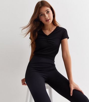 Girls Black Ribbed V Neck Ruched Sports Top