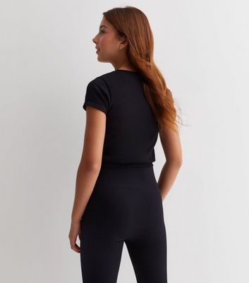 Girls Black Ribbed V Neck Ruched Sports Top