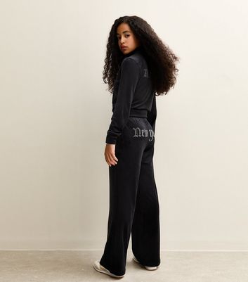 Girls Black Velour Diamante New York Embellished Joggers