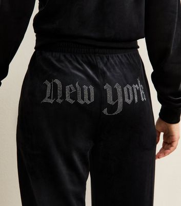Girls Black Velour Diamante New York Embellished Joggers