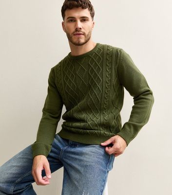 Dark Green Relaxed Cable Knit Long Sleeve Jumper