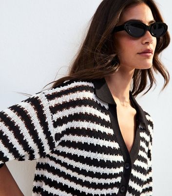 Black Wavey Stripe Cropped Crochet Shirt