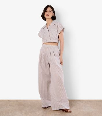 Apricot Stone Striped Pleated Wide Leg Trousers