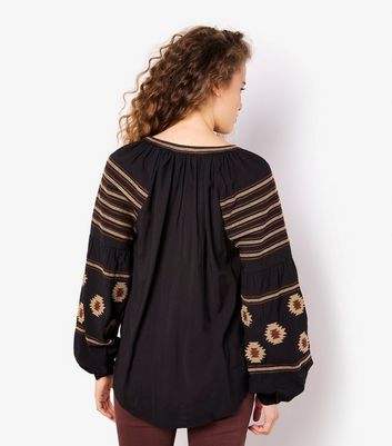 Apricot Black Embroidered Tasseled Blouse 3 Apricot Black Embroidered Tasseled Blouse