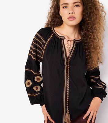 Apricot Black Embroidered Tasseled Blouse 4 Apricot Black Embroidered Tasseled Blouse