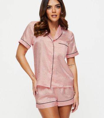 Ann Summers Pale Pink Satin Leopard Print Shirt and Shorts Pyjama Set