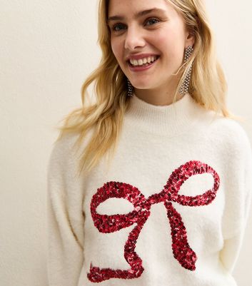 Sunshine Soul White Fluffy Sequin Bow Jumper