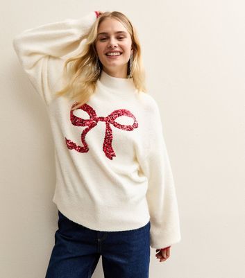 Sunshine Soul White Fluffy Sequin Bow Jumper