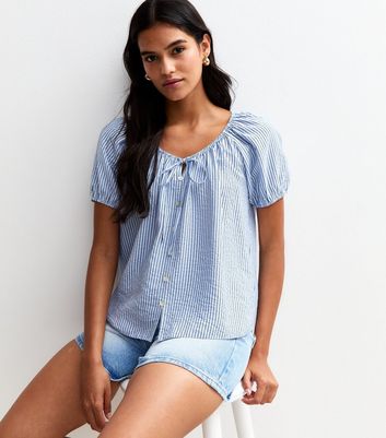 Blue Striped Tie Neck Top