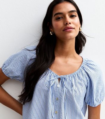 Blue Striped Tie Neck Top 3 Blue Striped Tie Neck Top
