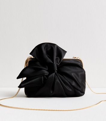 Black Bow Appliqued Satin Clutch