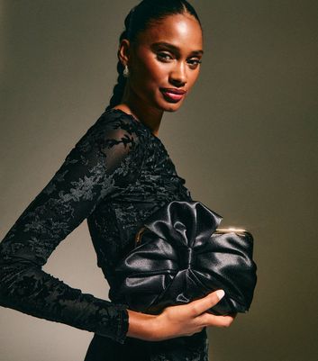 Black Bow Appliqued Satin Clutch