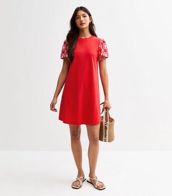 Red Broderie Sleeve Mini Swing Dress