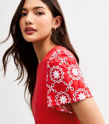 Red Broderie Sleeve Mini Swing Dress