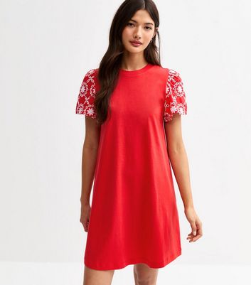 Red Broderie Sleeve Mini Swing Dress 3 Red Broderie Sleeve Mini Swing Dress