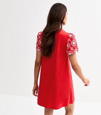 Red Broderie Sleeve Mini Swing Dress 4 Red Broderie Sleeve Mini Swing Dress