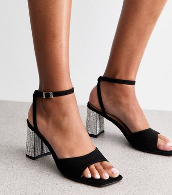 Black Faux Suede Gem Embellished Block Heel Sandals