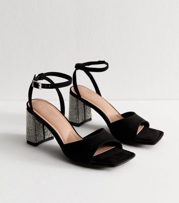 Black Faux Suede Gem Embellished Block Heel Sandals