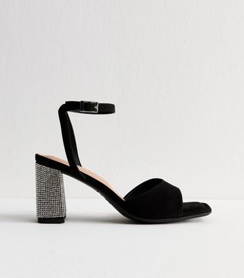 Black Faux Suede Gem Embellished Block Heel Sandals