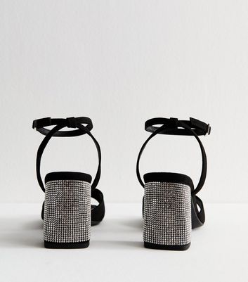 Black Faux Suede Gem Embellished Block Heel Sandals