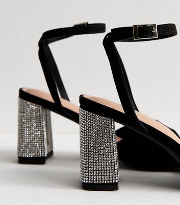 Black Faux Suede Gem Embellished Block Heel Sandals