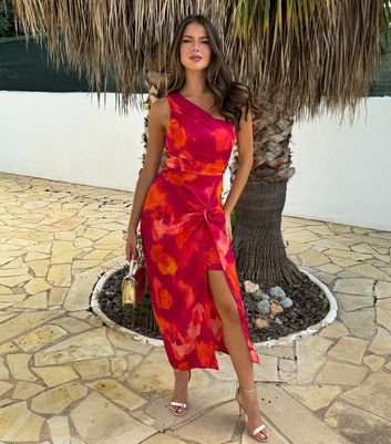 AX Paris Red Tie-Dye Knot Fron One Shoulder Midi Dress