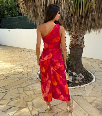 AX Paris Red Tie-Dye Knot Fron One Shoulder Midi Dress