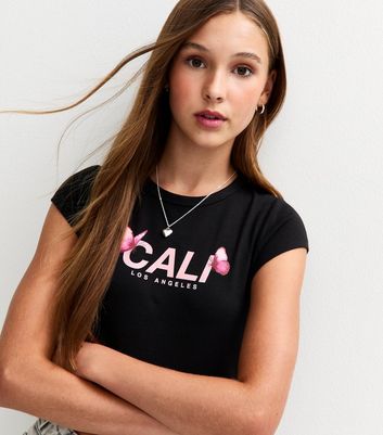 Girls Black Cali Slogan Butterfly Print T-Shirt